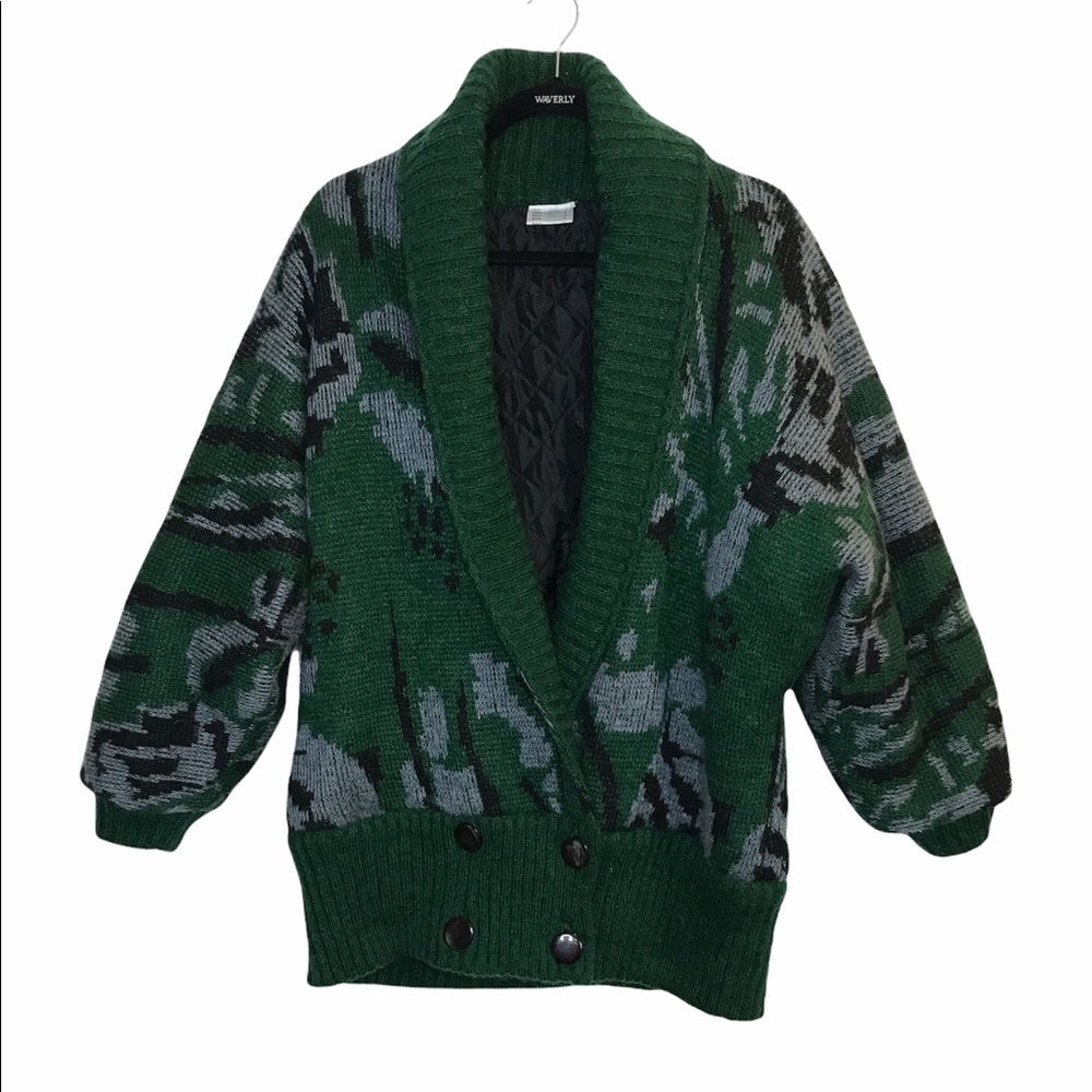Vintage 80’s Wool Varsity Jacket Green Gray Oversized XL Extra Large Ski Lodge